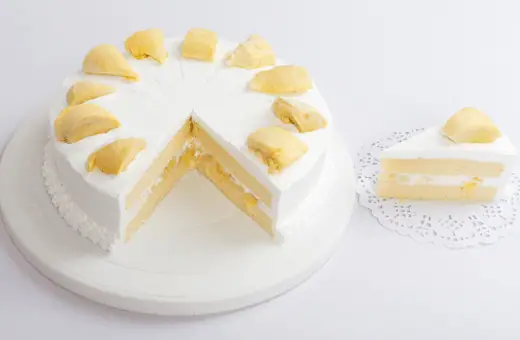 Durian cake is a popular dessert in Southeast Asia that is made with fresh durian fruit. The durian's flesh is rich and creamy, and it has a strong, pungent aroma. 