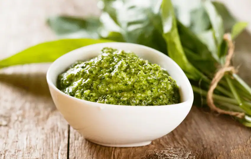 Pesto is an Italian sauce composed of basil, pine nuts, garlic, olive oil, and Parmesan cheese