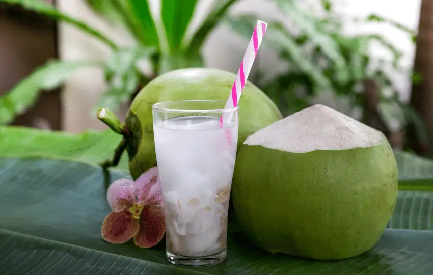 Coconut water is the clear liquid inside of a young, green coconut. It has a light, sweet taste and is often used as a natural electrolyte drink.