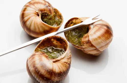 Escargot is typically cooked in garlic butter, which pairs well with the snail's natural flavor.